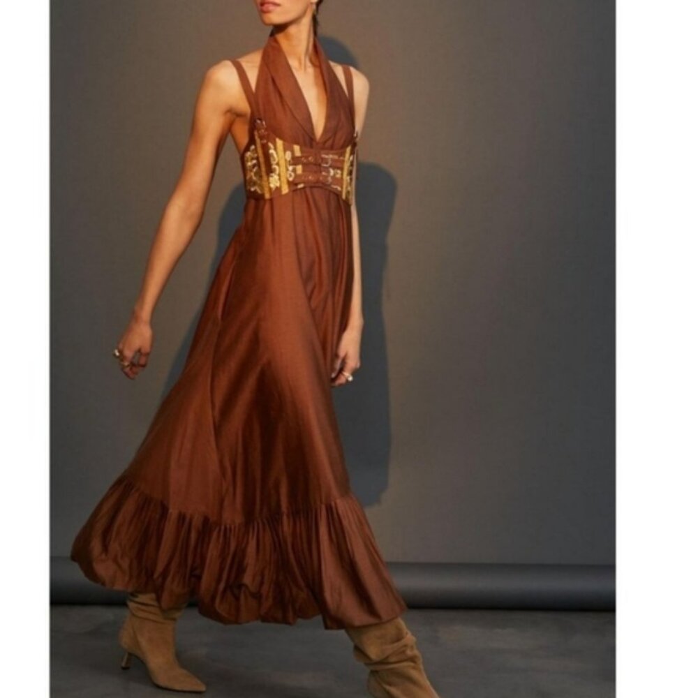 Nikita Mhaisaikar Brown Dress Elegant Brown Halter Maxi Dress Size 8